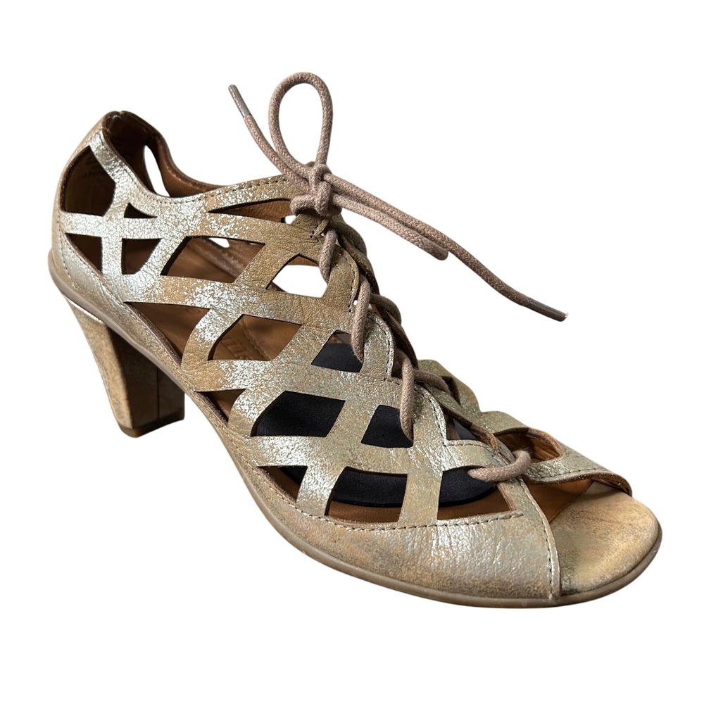 Gentle Souls Heels 7.5 Okey Dokey Sandals Gold Metallic Leather Lace Up Cage